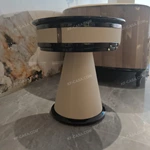 Round Radial Natural Wood Veneer Sofa Side Table with Beige Leather-Wrapped Pedestal and Layered Glossy Black Trim